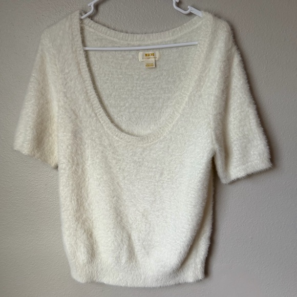 Anthropologie Cream Scoop Neck Eyelash Short Sleeve Sweater Women’s M Minimalist - Picture 2 of 6